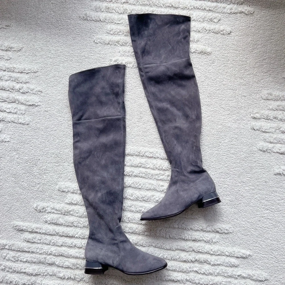 Tory Burch MULTI LOGO STRETCH Over The Knee Boots OTK Gray Suede Low Heel US 7.5